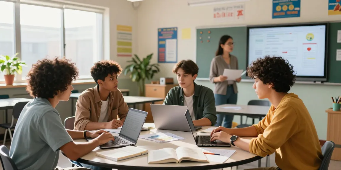 Students collaboratively working together at https://selfeducatedamerican.com, emphasizing active learning in a bright classroom.