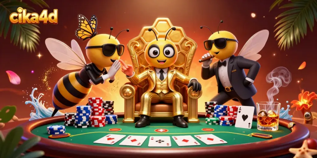 Engage with the vibrant world of cika4d as characters explore a rich poker scene in a dynamic casino setting.