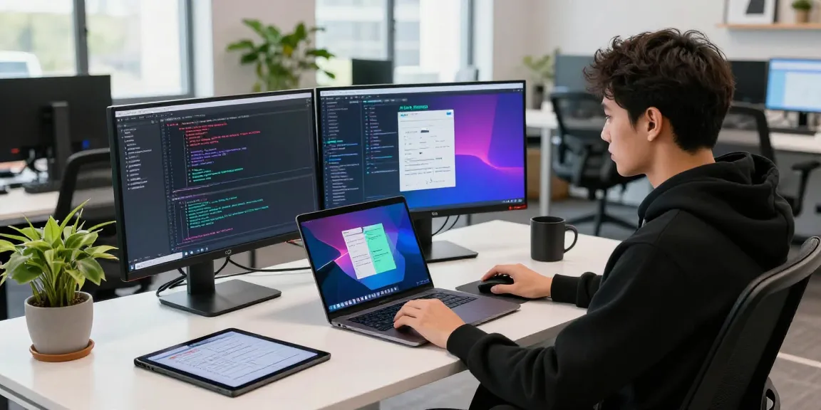 Developer coding with 纸飞机中文版 interface on screens in a modern tech workspace.