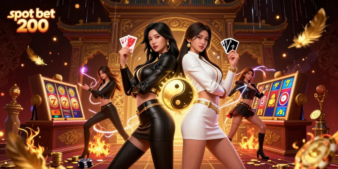 Spin to win with slot bet 200! Dual Asian women showcase thrilling casino vibes amidst dynamic gaming elements.