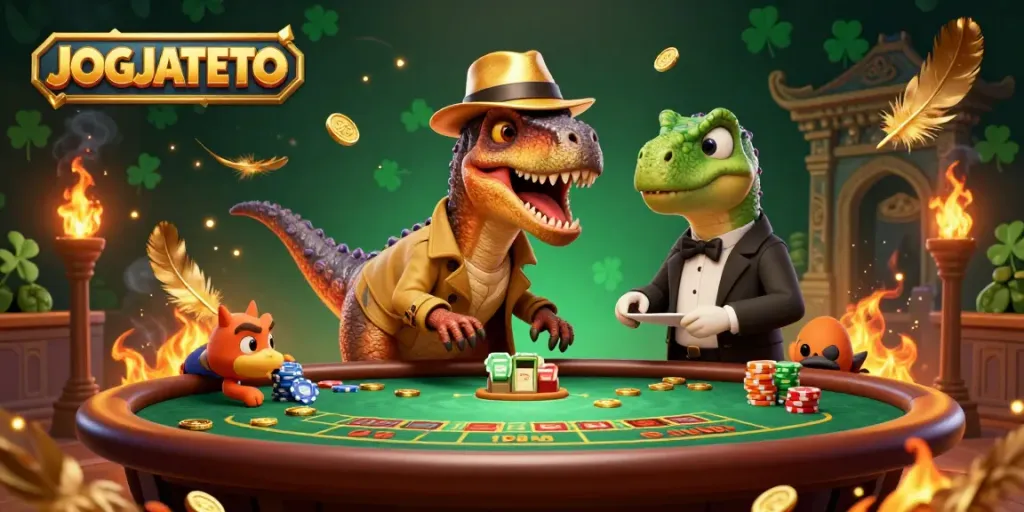 Experience JOGJATOTO at a blackjack table with a velociraptor card counter and lively casino atmosphere.
