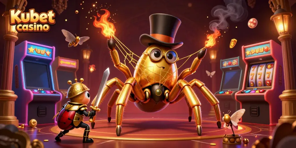 Engage with the immersive Kubet casino scene featuring a golden tarantula and a beetle knight surrounded by vibrant gaming elements.
