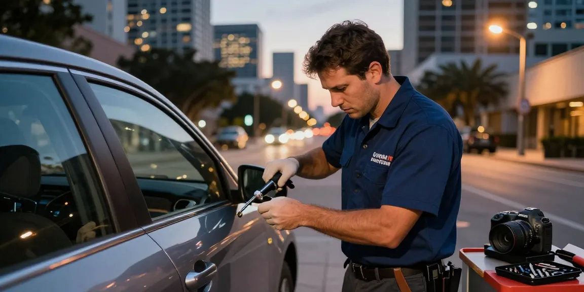 Fort Lauderdale locksmith expertly unlocking a vehicle door with professional tools in an urban setting