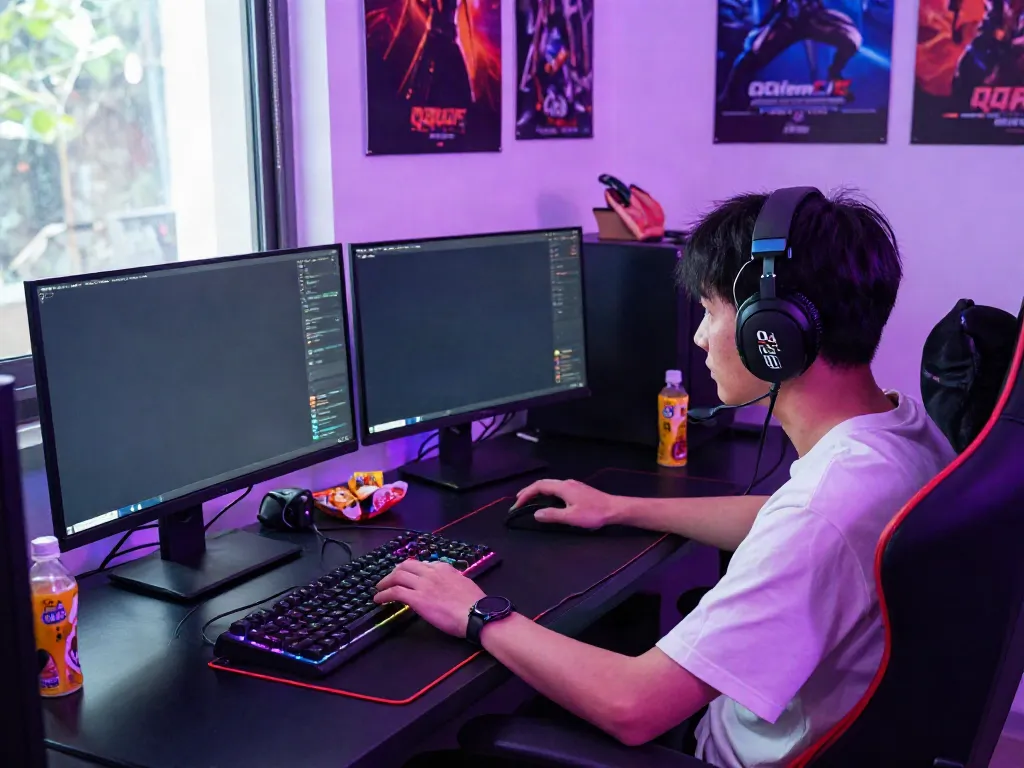 Gamer intensely focused on QQMacan gameplay with high-tech setup and vibrant lighting.