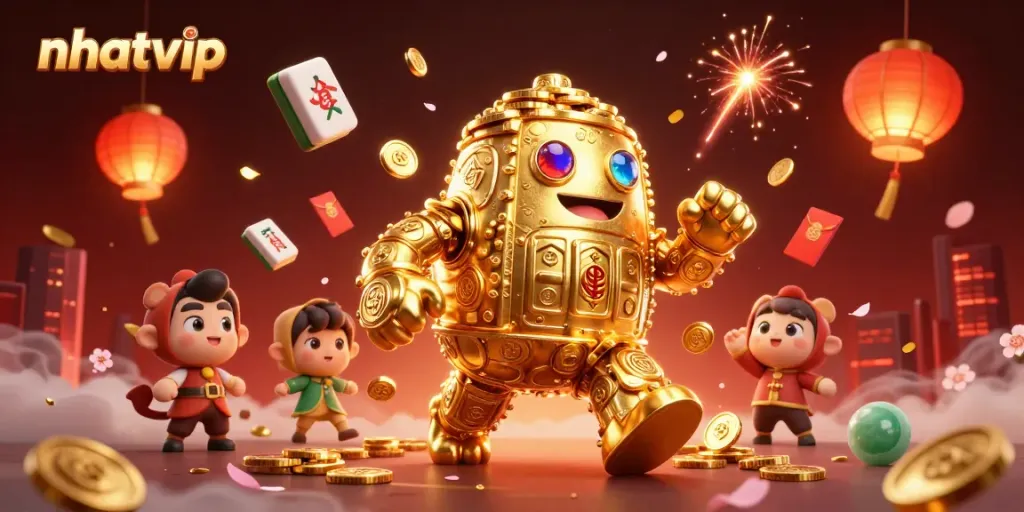 Experience the excitement of nhatvip with a golden golem and festive game elements.