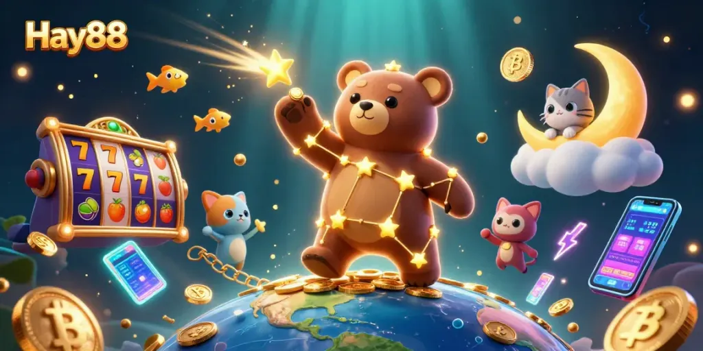Experience the excitement of Hay88 with vibrant slot reels and a constellation bear winning coins!