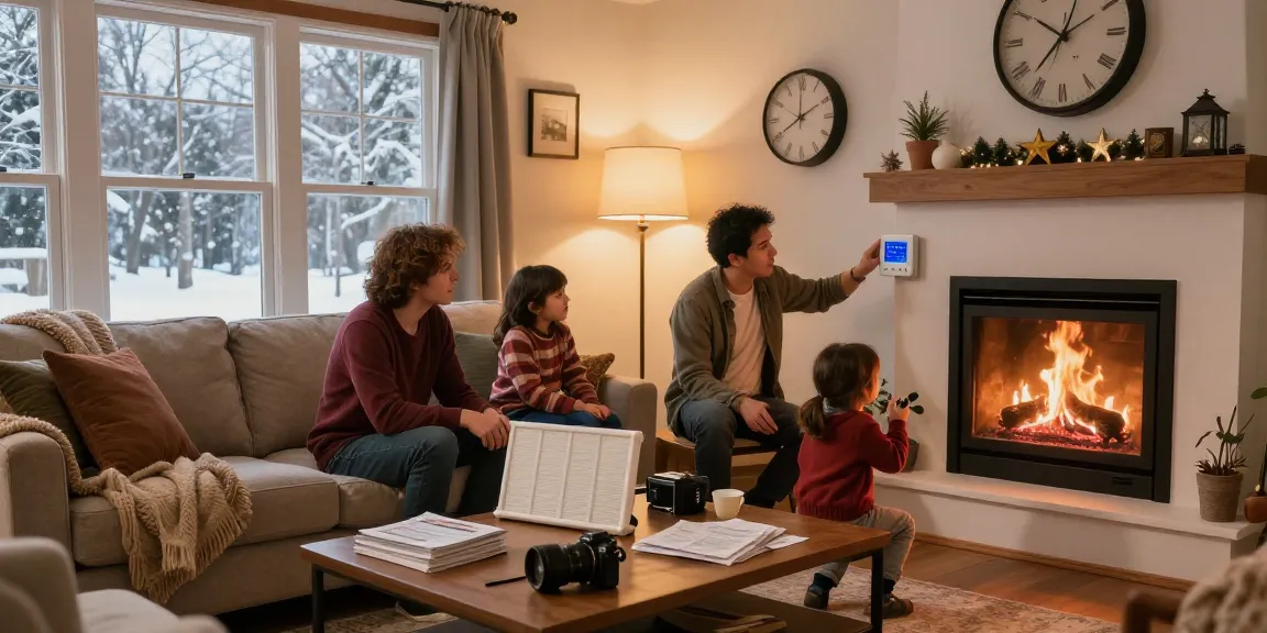 Furnace repair Stevens Point - Family discussing heating concerns in a cozy living room during winter.