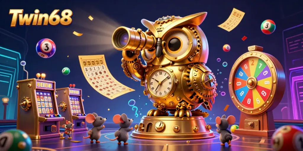 Twin68 showcases an ultra-detailed 3D cartoon scene featuring a golden owl scanning a vibrant casino floor.