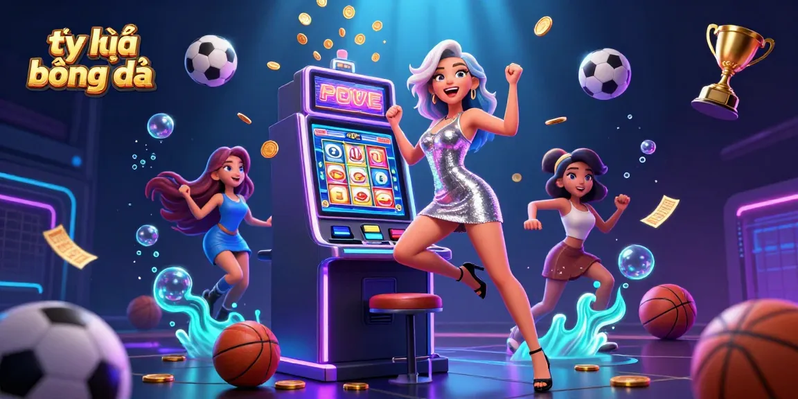 Tỷ lệ bóng đá represented with a joyful Asian woman celebrating at a slot machine amidst dynamic sports betting elements.