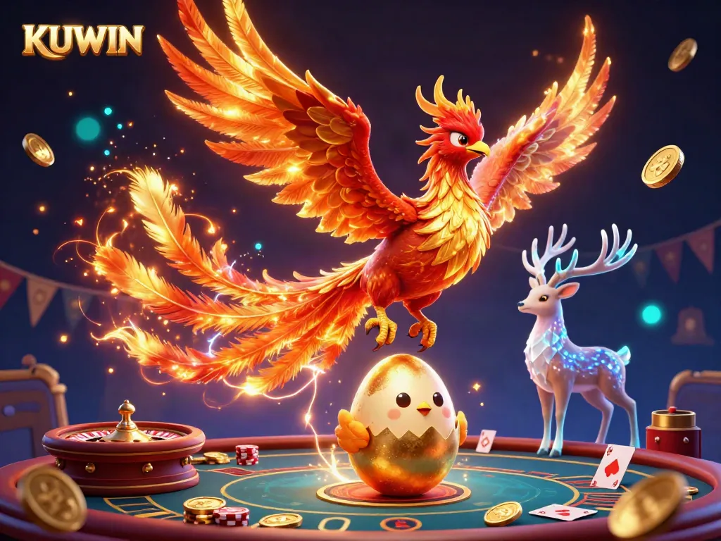 Engage with KUWIN’s dynamic casino experience featuring a fire phoenix, baby phoenix chick, and mystical stag.