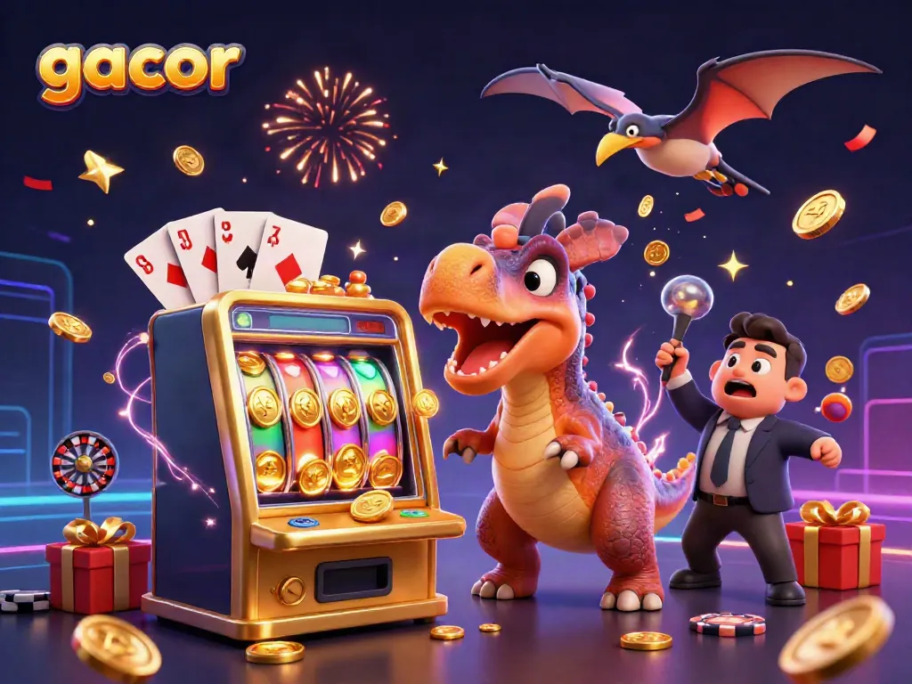Experience the excitement of gacor slots with a triumphant pachycephalosaurus and flying coins in an animated casino scene.