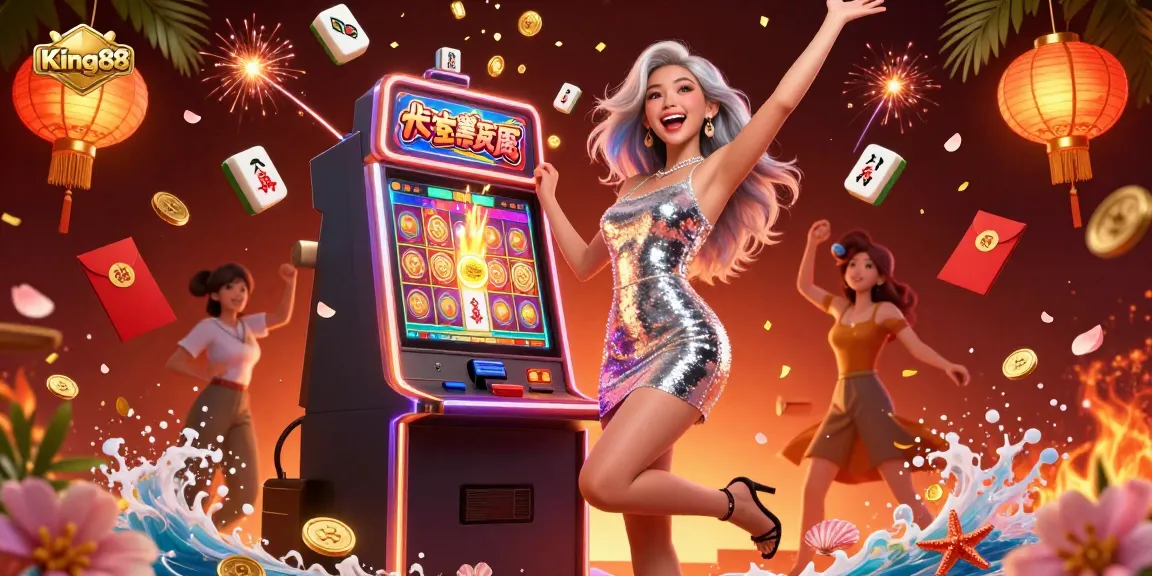 Experience King88's jackpot excitement with a celebratory scene of a player winning at a slots machine.
