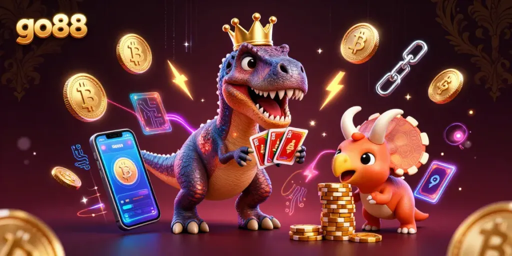 Experience go88 with a friendly T-Rex, digital coins, and gaming elements in a vibrant casino scene.