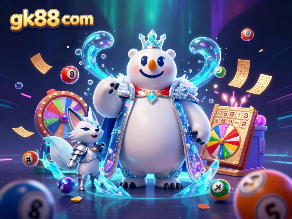 Engage with gk88 com's vibrant online casino scenes showcasing the polar bear and snow fox amid colorful lottery elements.