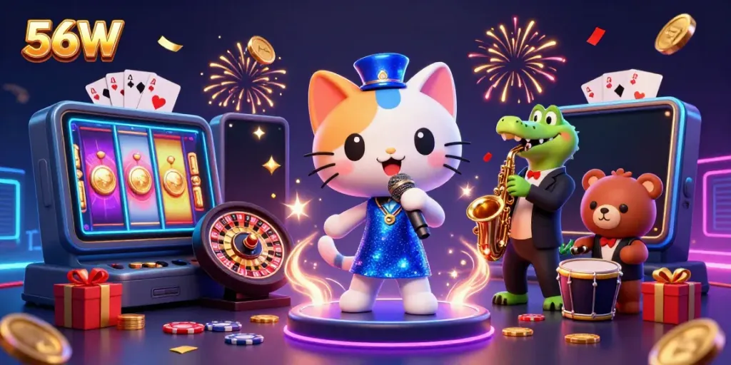 Experience thrilling gameplay with 56W as cartoon characters sing and play in a vibrant casino scene.