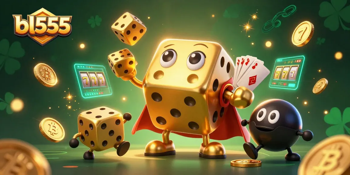 Engage in thrilling games at bl555, showcasing a vibrant casino scene with golden dice and cryptocurrency elements.