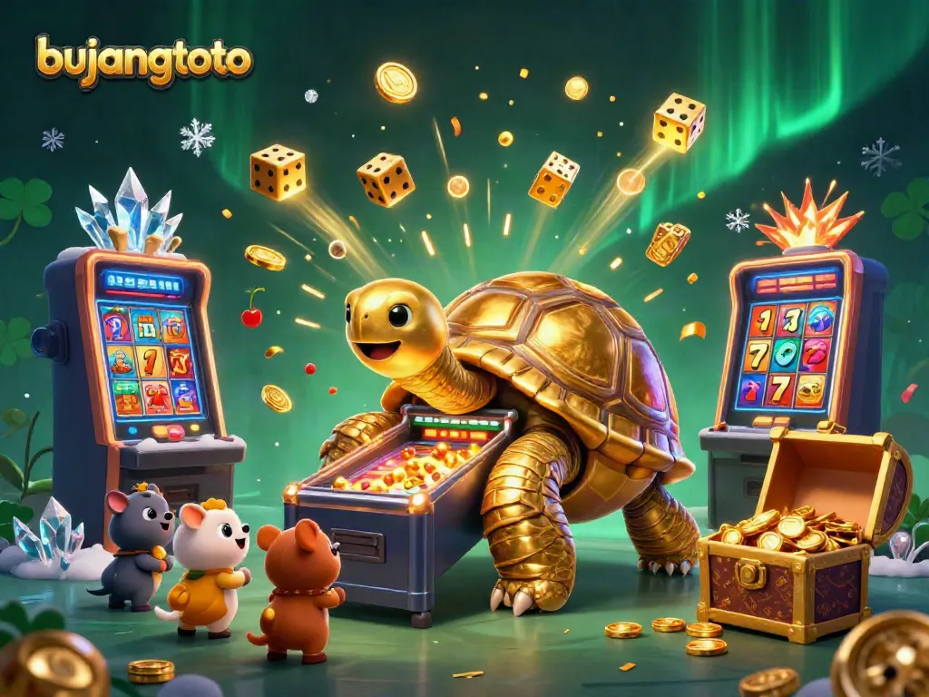 Experience the excitement of bujangtoto with golden tortoise and slot machine fusion in this vibrant casino scene.
