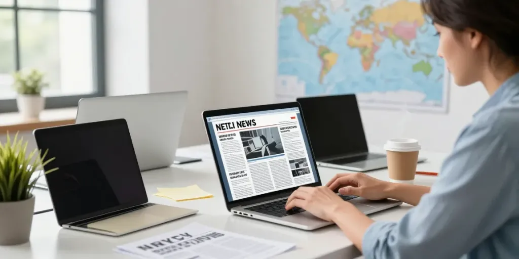 Engaged journalist at a desk with laptop and news articles at lornematthews.com
