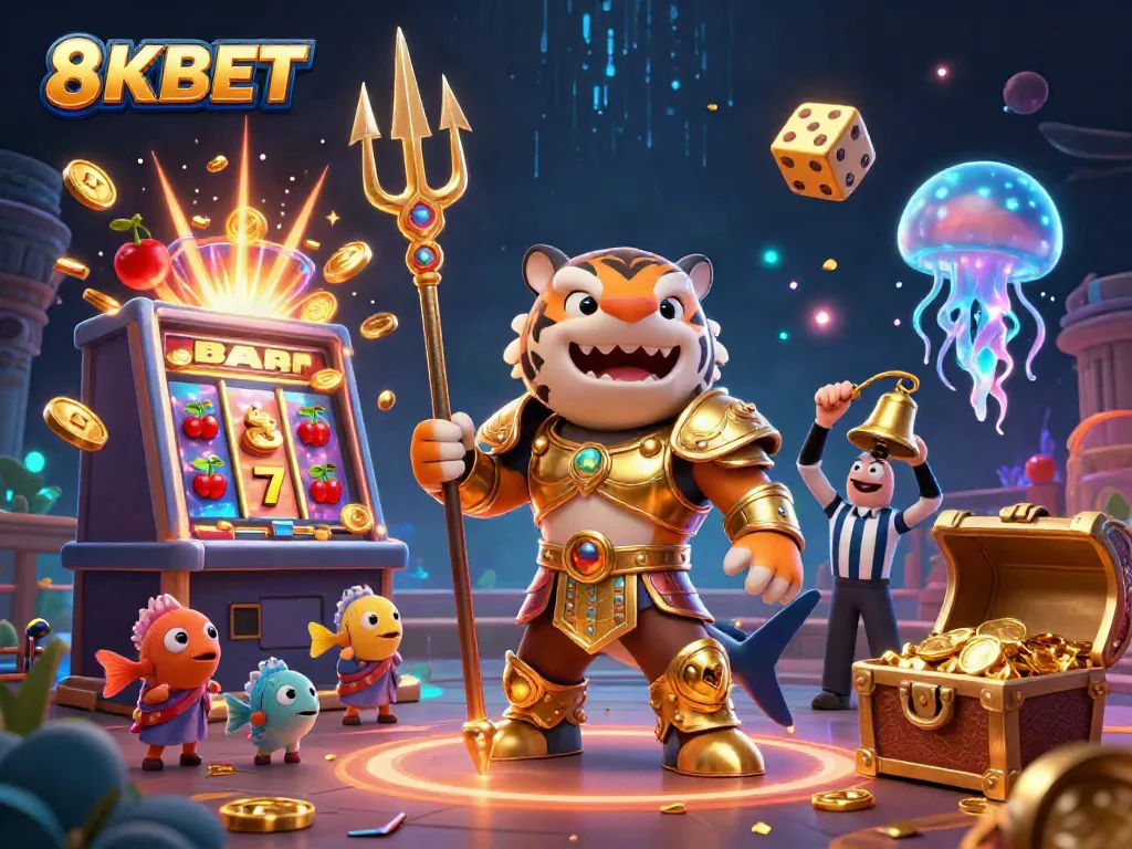 Experience thrilling gameplay at 8KBET, featuring a dynamic underwater colosseum with lively characters and vibrant casino symbols.