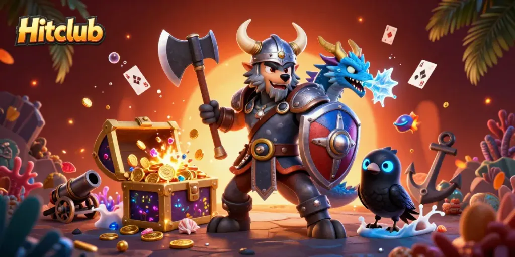 Engage in thrilling gameplay at Hitclub with Viking and dragon elements amidst colorful gems and coins.