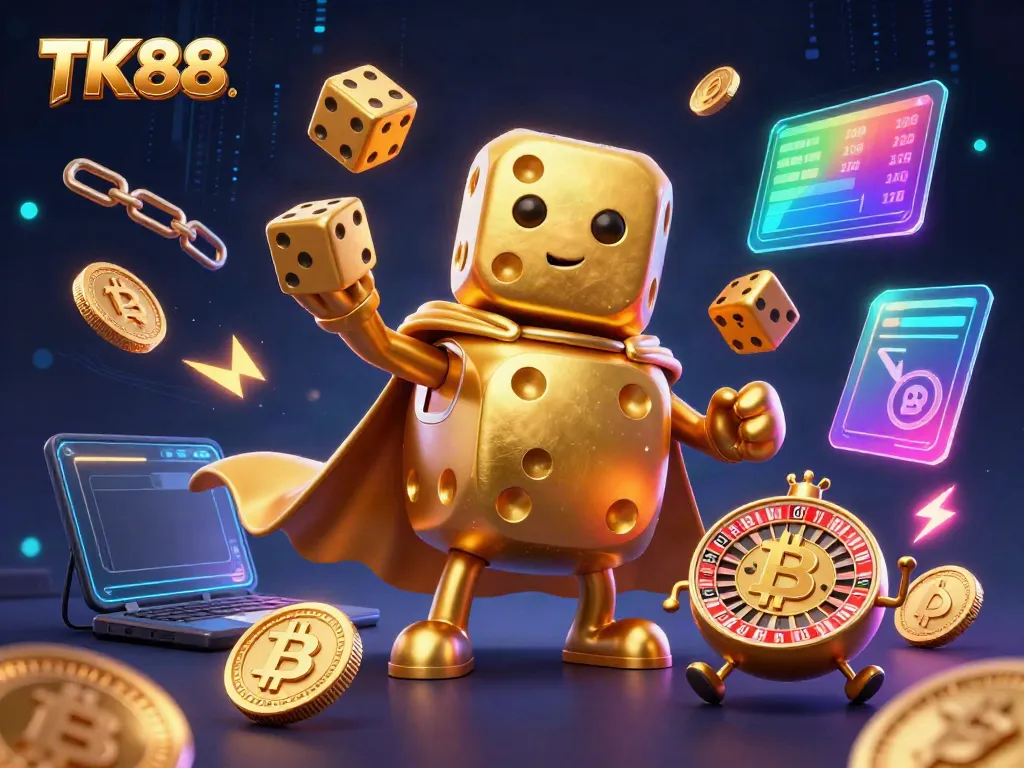 TK88 presents a dynamic scene featuring a golden dice golem, illustrating casino excitement with crypto elements.