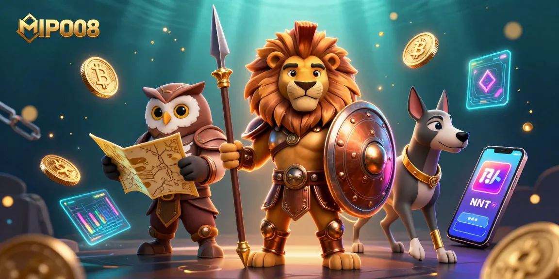 MPO08 showcases a vibrant online gambling scene with a Spartan lion and crypto elements.
