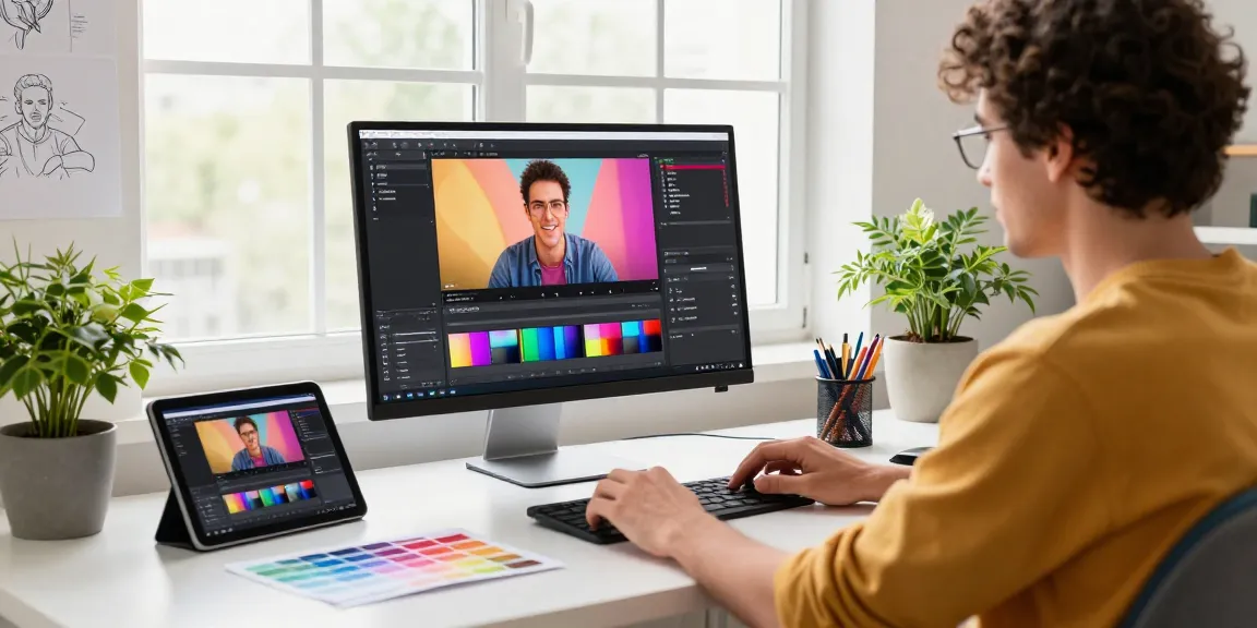 Graphic designer using Magic Hour image-to-video tool in a bright creative workspace.
