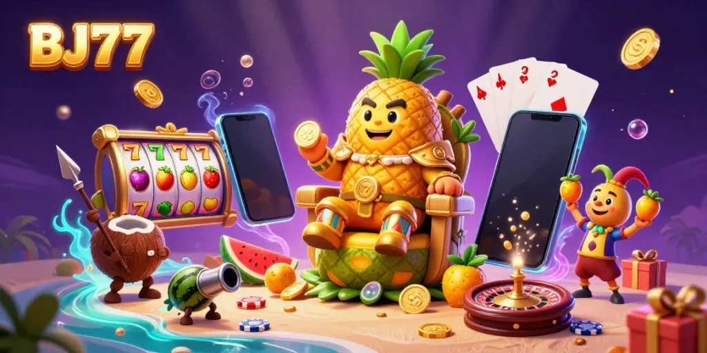 Engage in thrilling gameplay at BJ77 with a vibrant cartoon scene featuring unique casino characters.