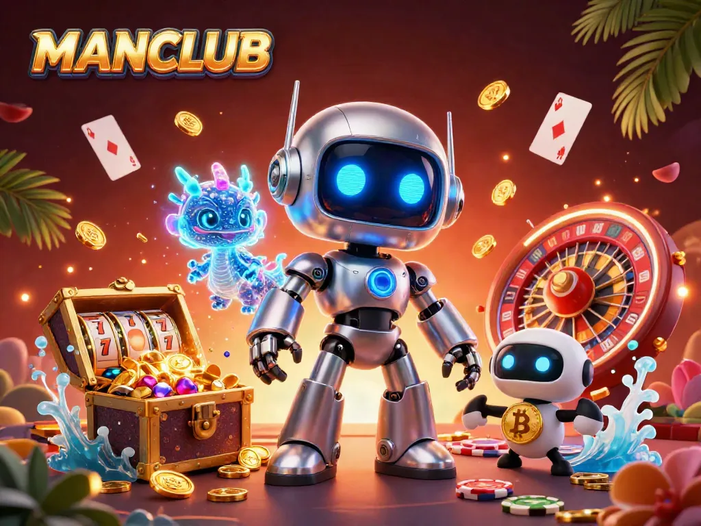 Engage in thrilling casino fun with MANCLUB's vibrant 3D illustration featuring a robot, dragon, and crypto drone.