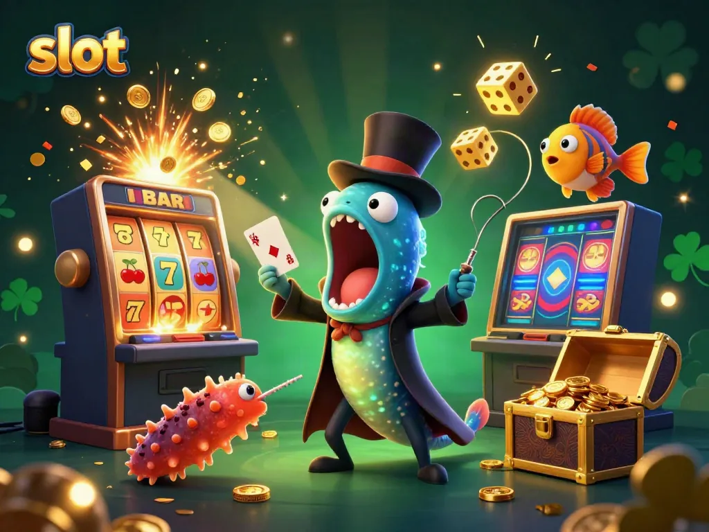 Exciting slot scene with 3D characters, showcasing a jackpot win and colorful casino elements.