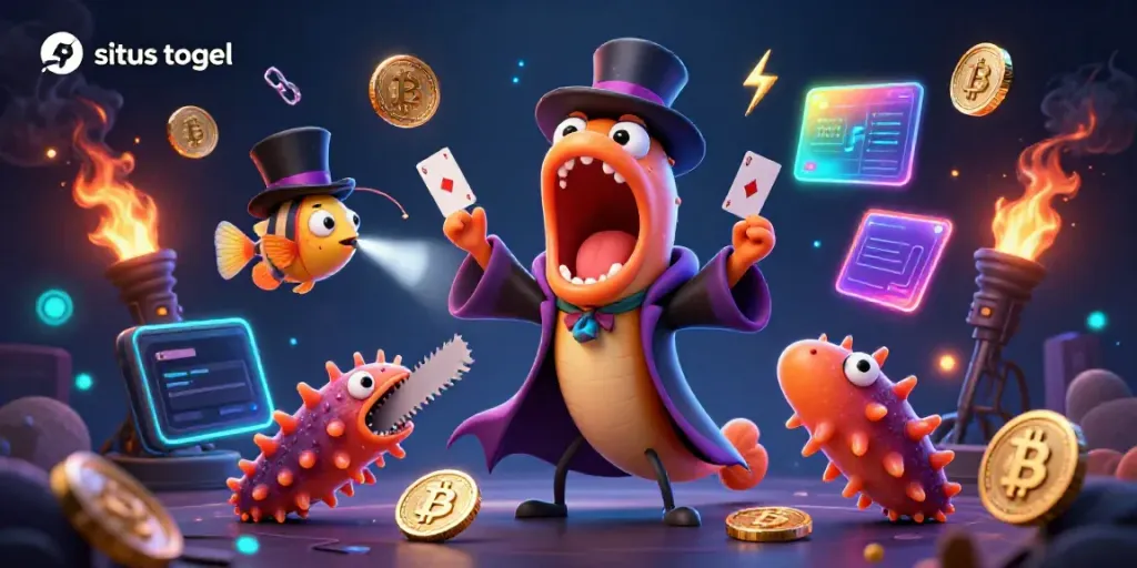 Experience situs togel with dazzling card tricks by cartoon sea creatures in a vibrant casino underwater setting.