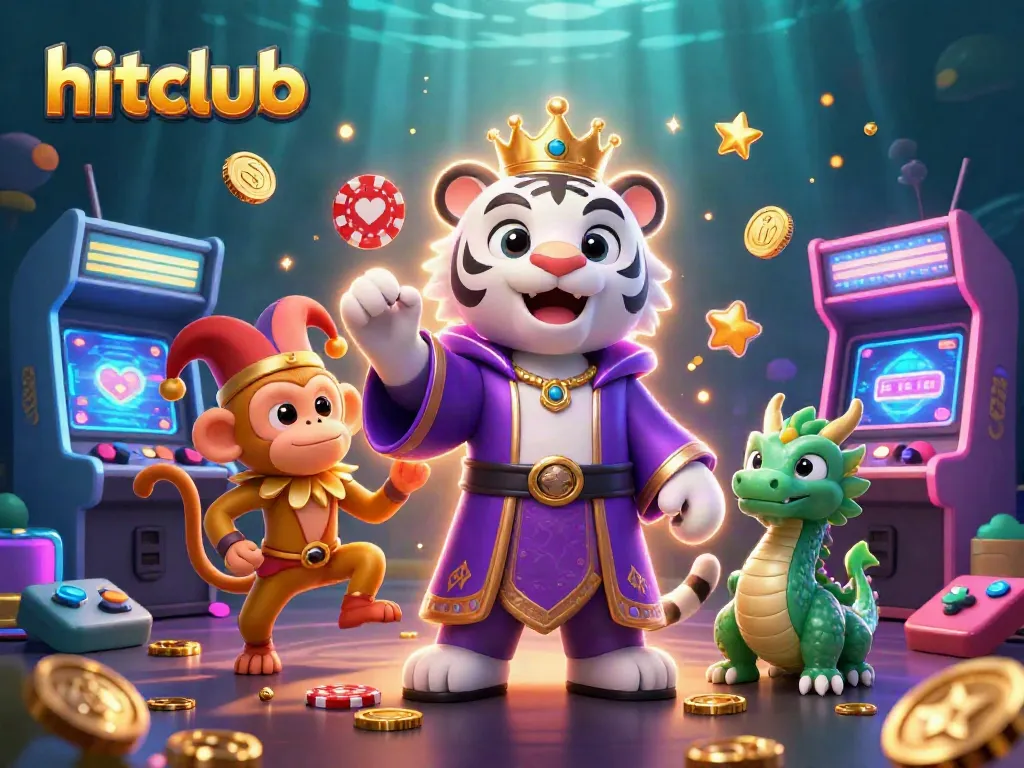 Experience the fun at hitclub with an illustration of a majestic white tiger and playful monkey in a vibrant casino setting.