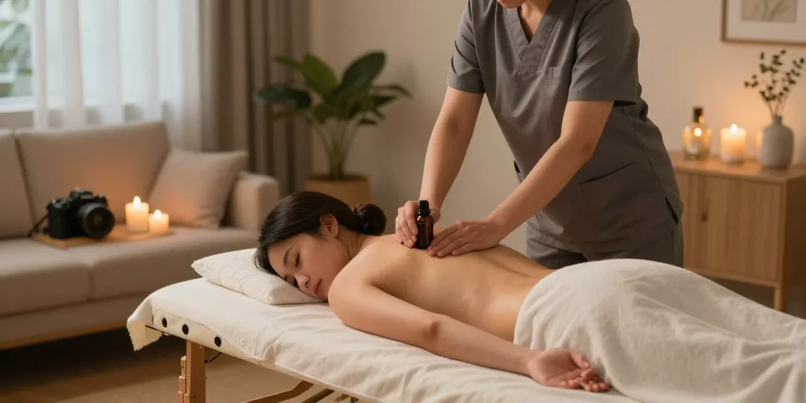 전문가가 고객의 집에서 출장안마를 제공하는 모습, 아늑한 분위기와 편안한 조명