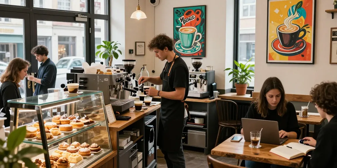 Dynamic urban coffee shop atmosphere with barista preparing espresso at https://forumup.org/shop/search.php?ca_id=&addr1=&addr2=&addr3=&schKeyword= with customers enjoying their drinks.