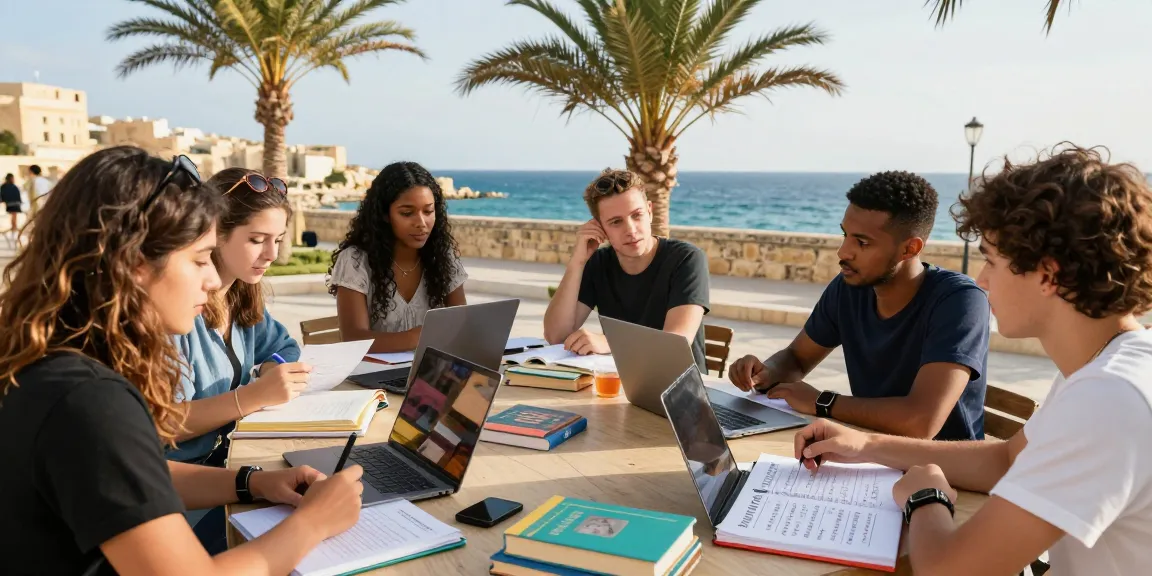 Corsi di inglese a Malta con studenti diversi che imparano in un'aula all'aperto sul mare Mediterraneo
