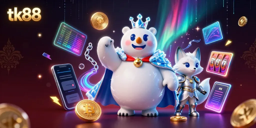 Win big with tk88 as the ice king bear and snow fox embark on a gambling adventure.