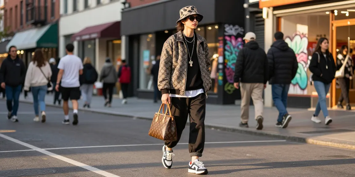 Stylish individual in 레플리카 쇼핑몰 outfit walking confidently in a vibrant city street, showcasing modern fashion.