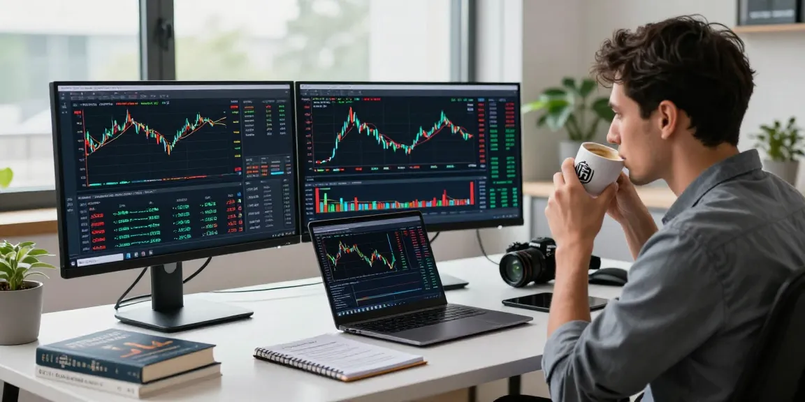 Trader engaging with mt5 platform in a modern workspace with market analysis tools.