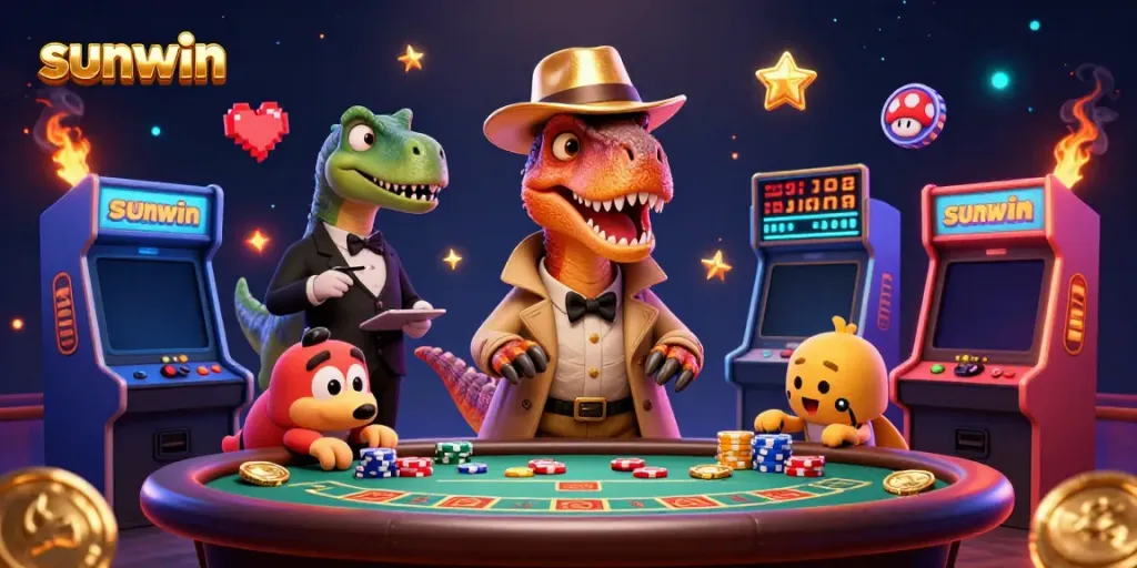Engaging sunwin scene with dinosaurs at a blackjack table, showcasing colorful 3D gambling elements