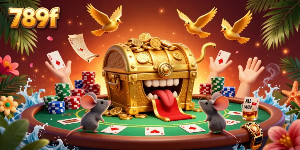 Join the adventure at 789f with a vibrant poker scene showcasing a treasure chest, poker chips, and colorful cards.