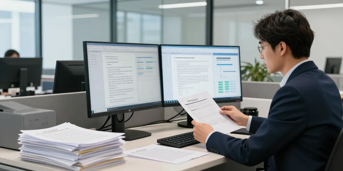 Analyzing document fraud detection results in a modern office environment.