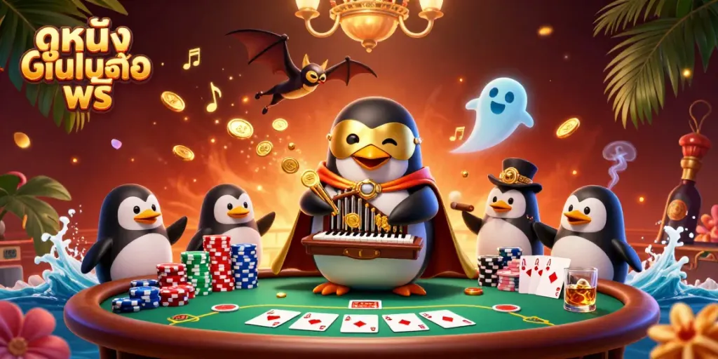 Watch ดูหนังออนไลน์ฟรี with a magical scene featuring a phantom penguin and casino elements.