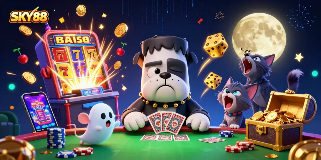 Engage in thrilling gameplay at SKY88 with a lively 3D casino scene packed with caricatured characters and exciting game elements.