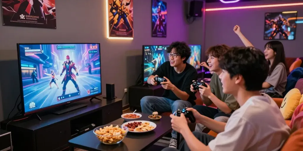 Friends enjoying a gaming session in a vibrant QQMacan lounge with neon lights.