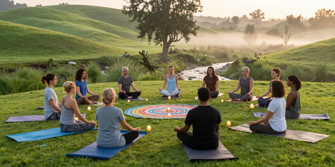 Group meditation during sunrise emphasizing mantra88's wellness journey.