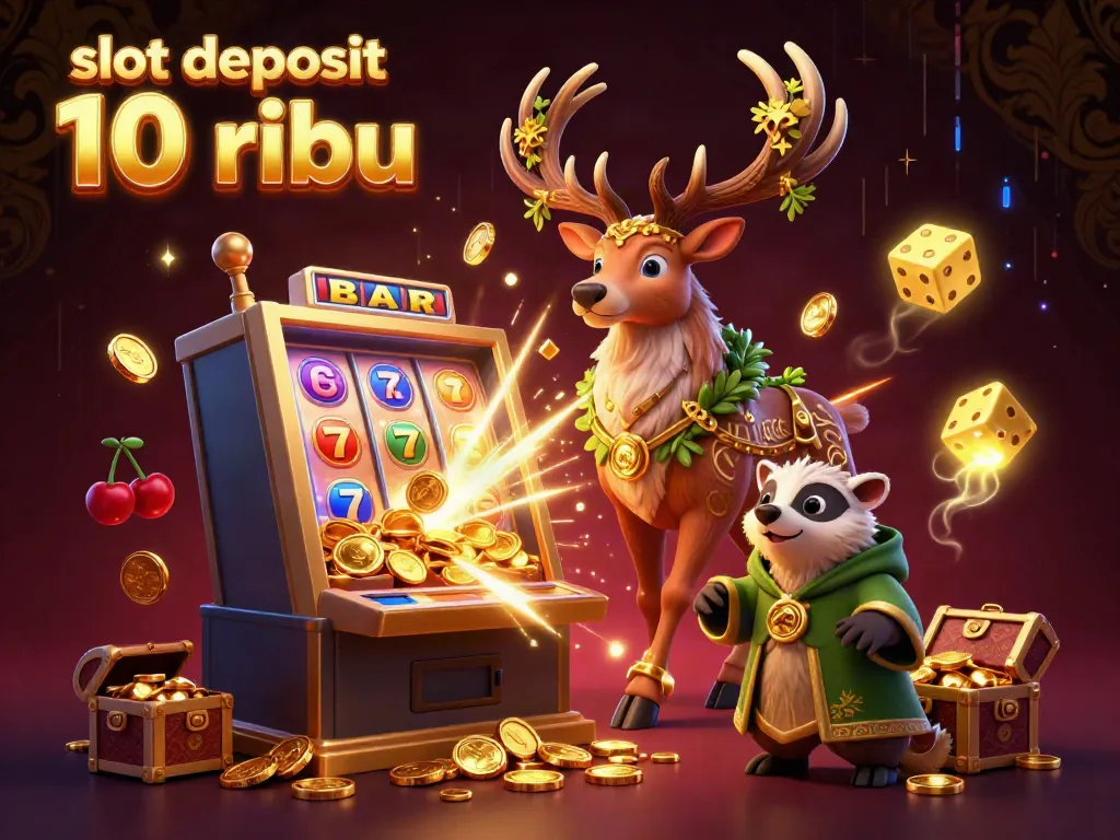 Experience excitement with slot deposit 10 ribu, featuring vibrant 3D casino illustrations and energetic characters.