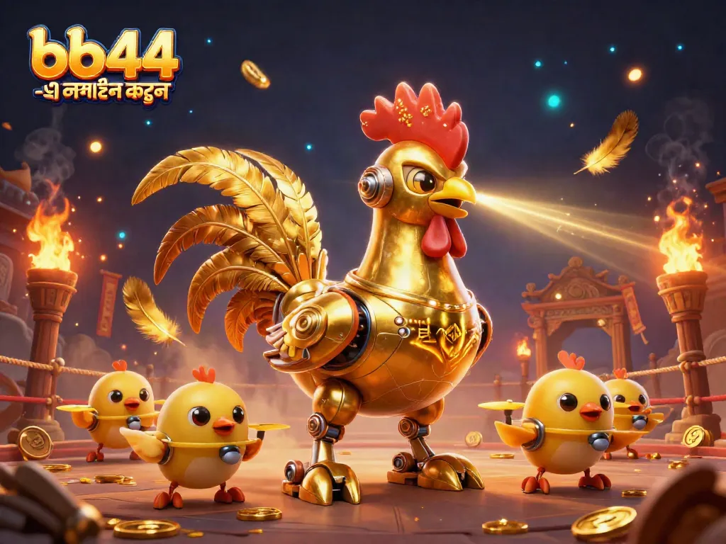Experience thrilling gaming with bb44 -এ লগইন করুন featuring a golden rooster robot and baby chick drones in action.