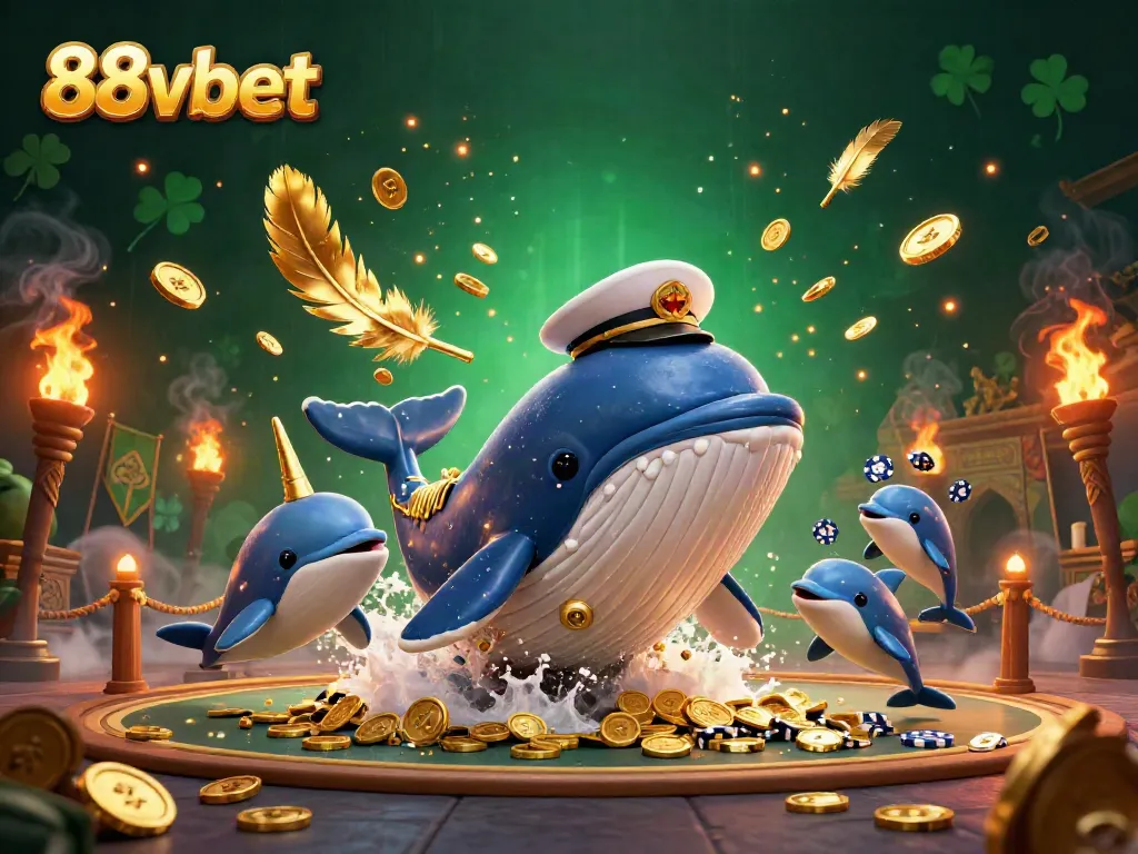 Engage with 88vbet as a gigantic cartoon whale interacts with coins and playful dolphins in a vibrant gambling scene.