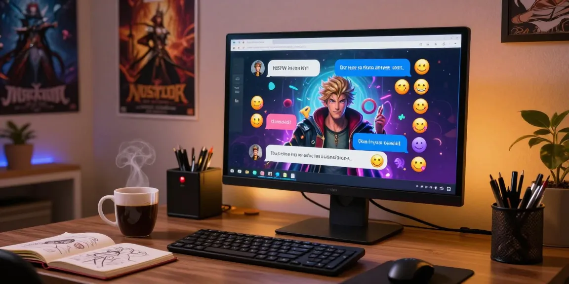 Engaging scene of a user exploring nsfw ai chat with colorful character interface in a cozy home office.