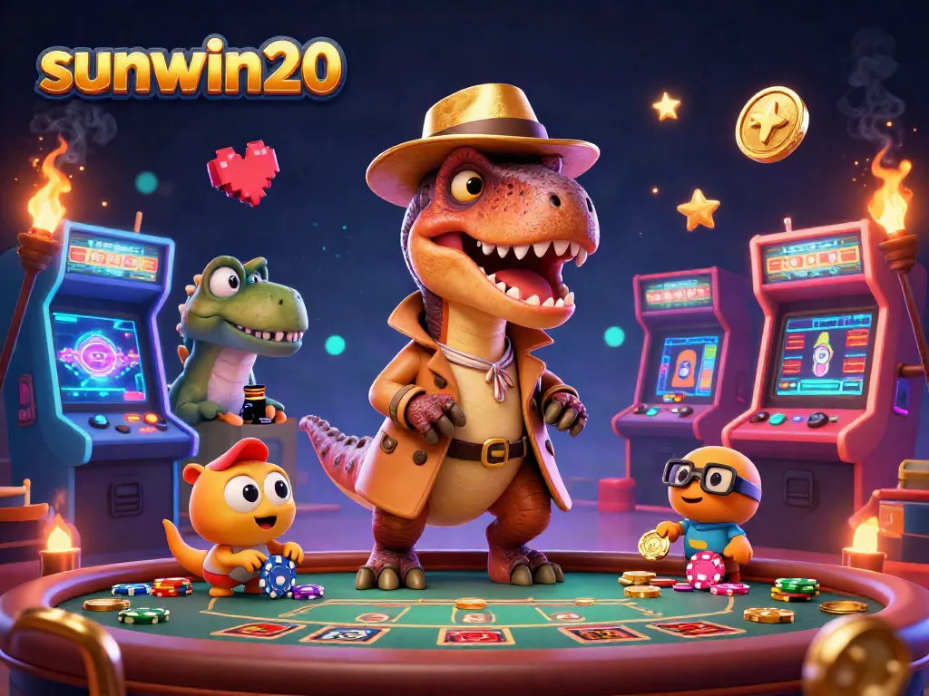 Experience the excitement of sunwin20 with a quirky velociraptor card counter and a colorful casino backdrop.